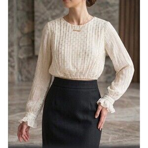 Endless Rose Cream & Metallic Gold Foil Dot Pleated Ruffle Crop Blouse Sz XS